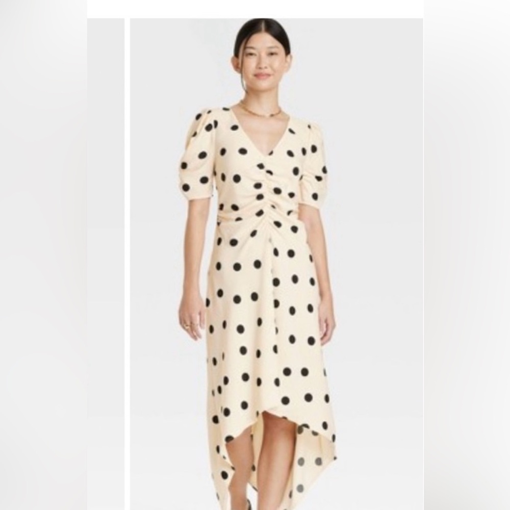 A New Day Crepe Short Sleeve Cream & Black Polka Dot Midi Dress size small NWT